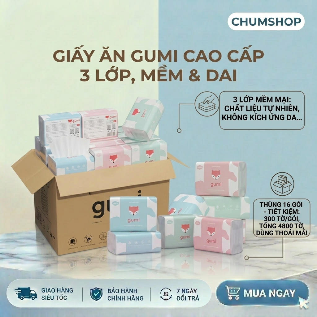 Thùng 42 gói giấy ăn cao cấp Gumi 3 lớp mềm mịn, tiện lợi Khăn Giấy để Phòng Khách