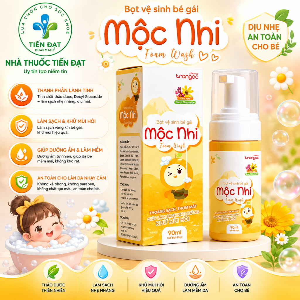 Bọt Vệ Sinh Bé Gái Mộc Nhi Foam Wash Binoss Trần Ngọc 90ml – Làm Sạch Dịu Nhẹ, Khử Mùi, Chăm Sóc Vùn