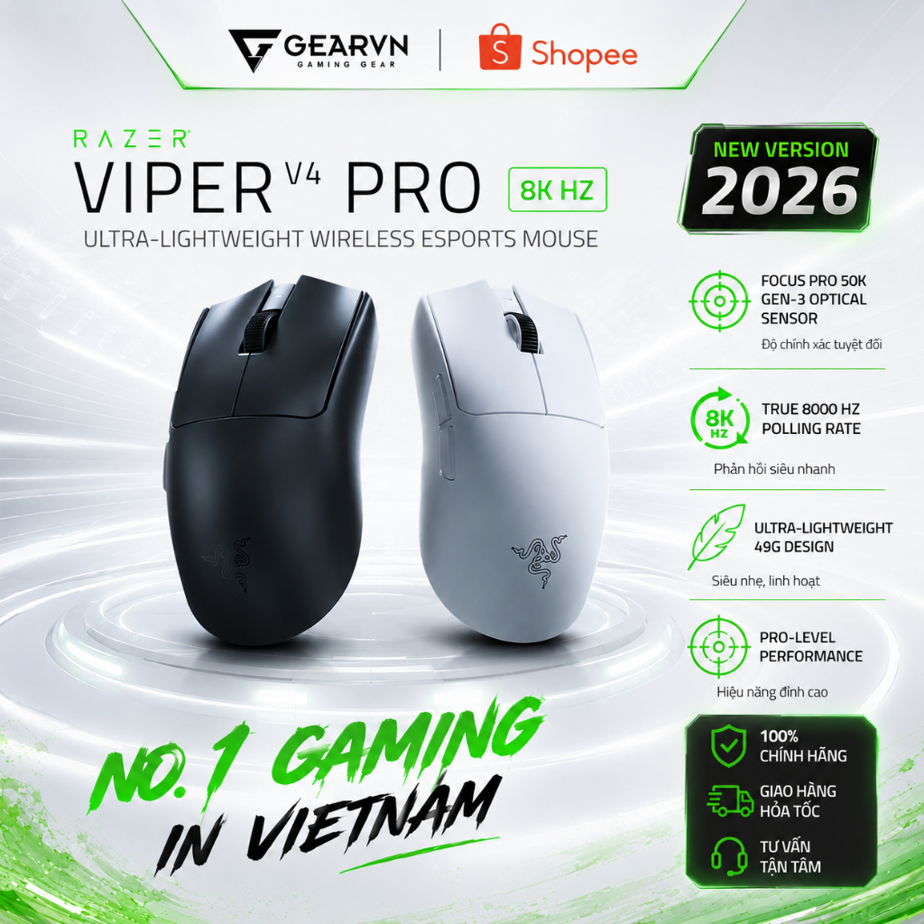 Chuột Gaming không dây Razer Viper V4 Pro 8K hz 49G Cảm biến Focus Pro 50k Gen 3 BH 24 tháng | BigBuy360 - bigbuy360.vn