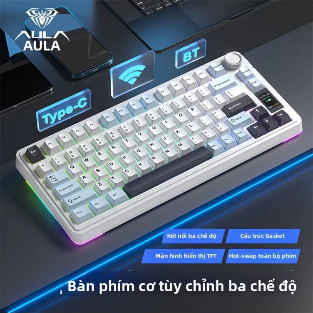 Bàn Phím cơ gaming Aula F75 - 3 mode kết nối -Glacier Blue