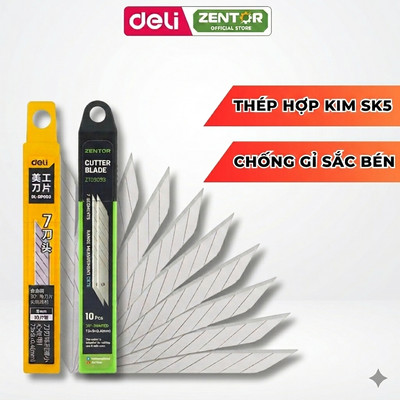 Hộp 10 Lưỡi Dao Rọc Giấy Deli Zentor, Chất Liệu Thép Hợp Kim Siêu Bền Chống Gỉ Sét, Sắc Bén, Mũi Dao 30 Độ