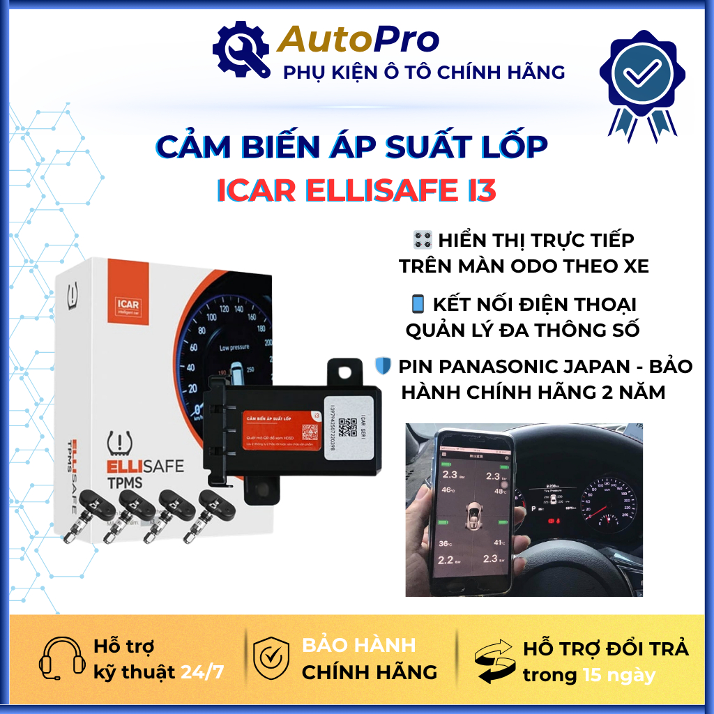 Cảm Biến Áp Suất Lốp ICAR Ellisafe i3 - Van Gắn Trong Theo Xe Hiển Thị Màn ODO, Bảo Hành Chính Hãng