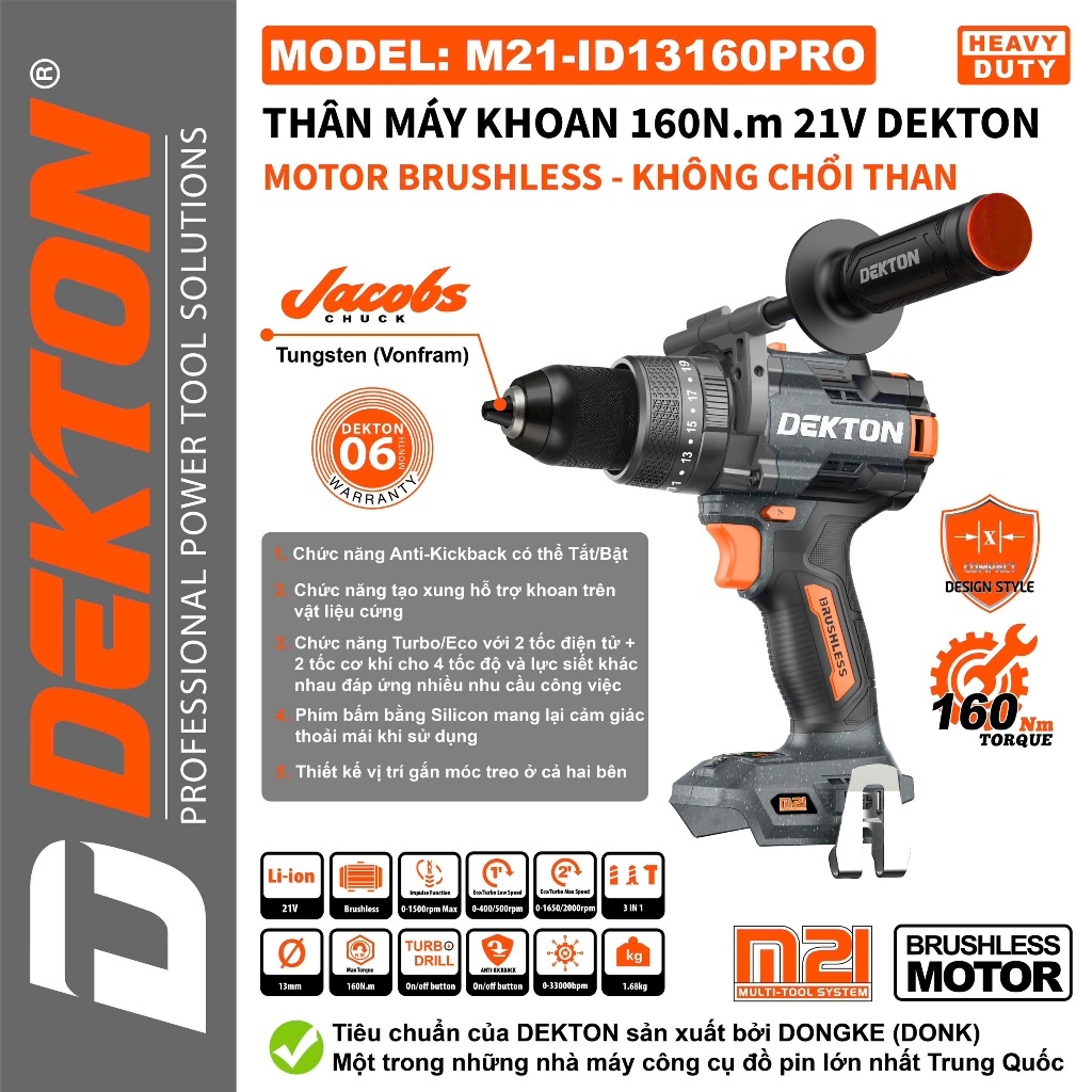 Máy Khoan 13MM JACOBS 3 Chức Năng 160n.m M21-ID13160PRO M21-ID13160XPRO Chính hãng DEKTON GIÁ TỐT