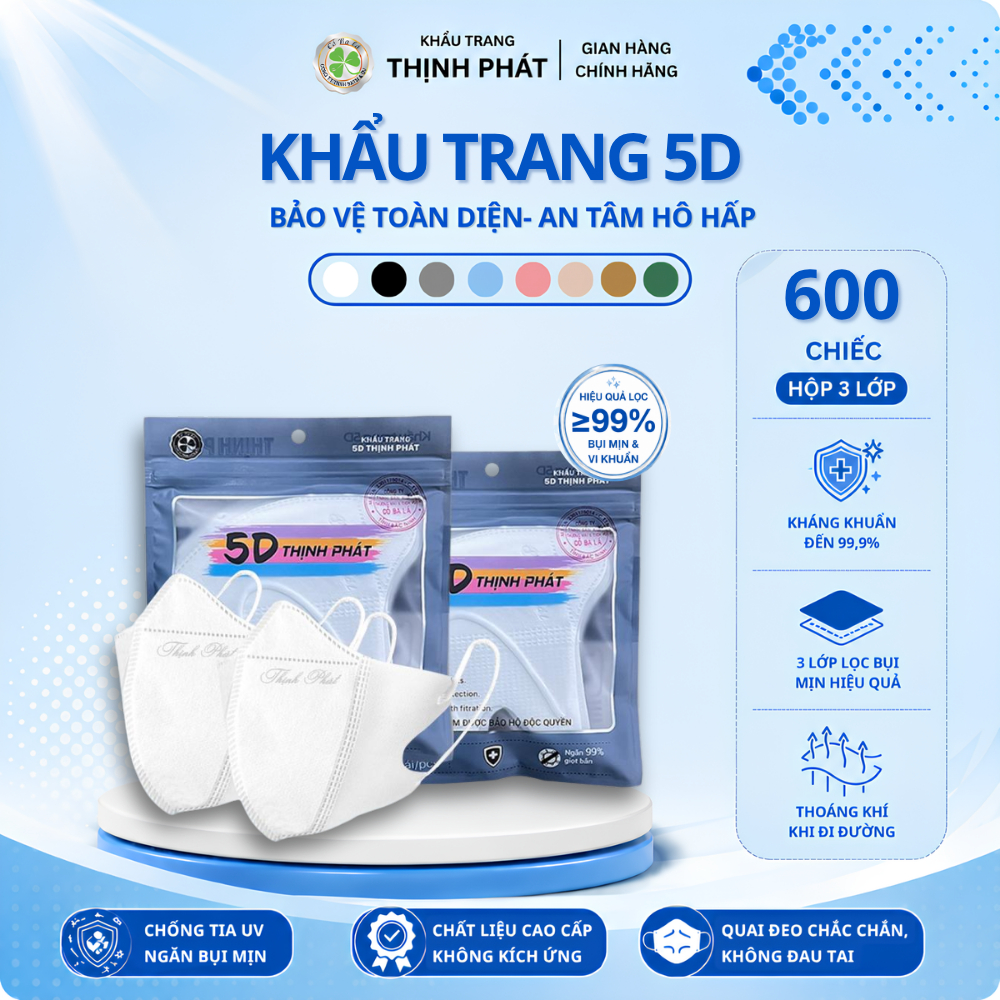 [600 Chiếc] Thùng 600 chiếc Khẩu Trang Thịnh Phát 5D TRẮNG kháng khuẩn ôm mặt chính hãng Cỏ Ba Lá