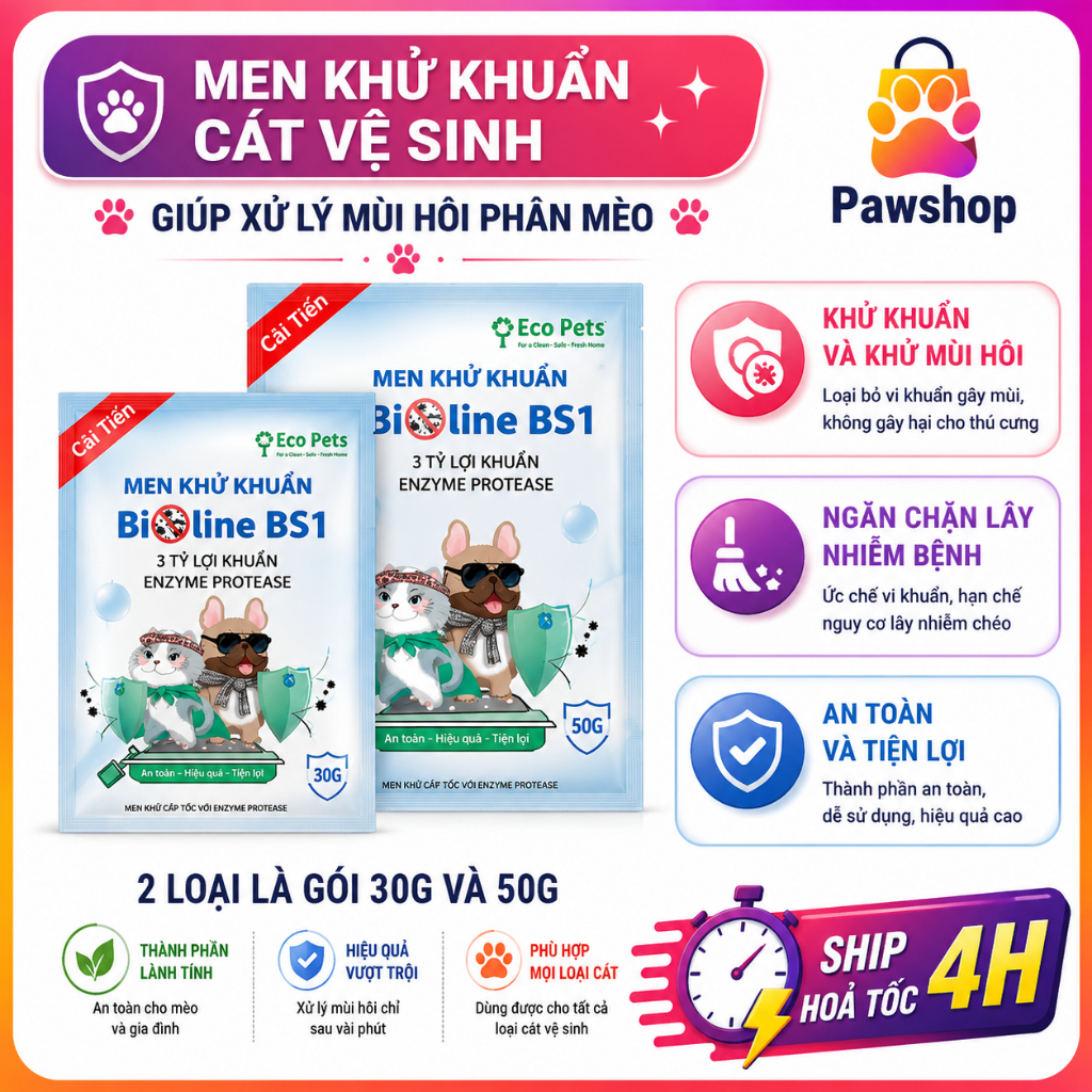 Men khử khuẩn Bioline BS1 cho mèo | Khử mùi hôi, diệt khuẩn khay cát vệ sinh