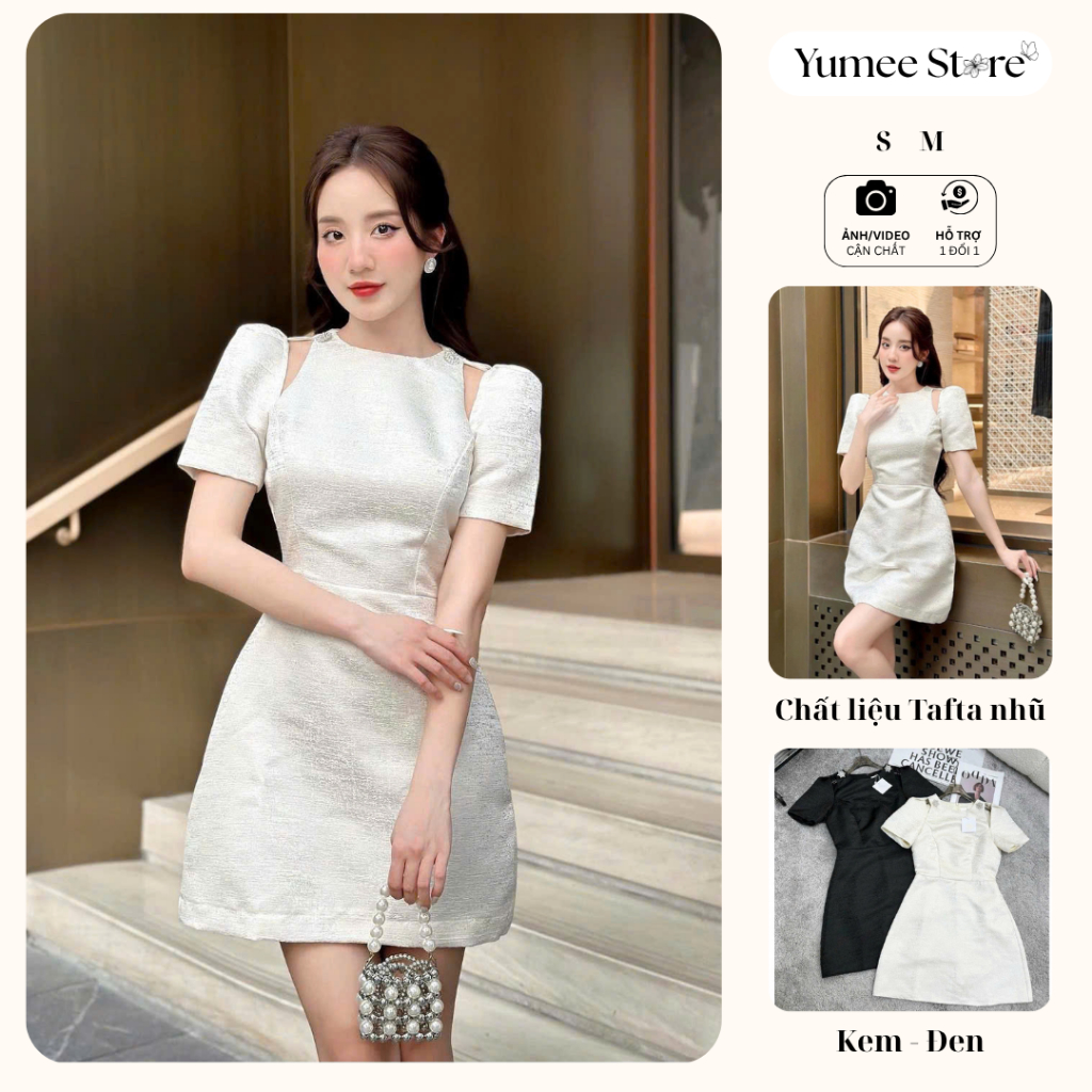 Đầm xòe dự tiệc thiết kế khoét vai chất tafta nhũ 2 lớp cao cấp, váy xinh dạo phố, cafe, đi cưới - Y
