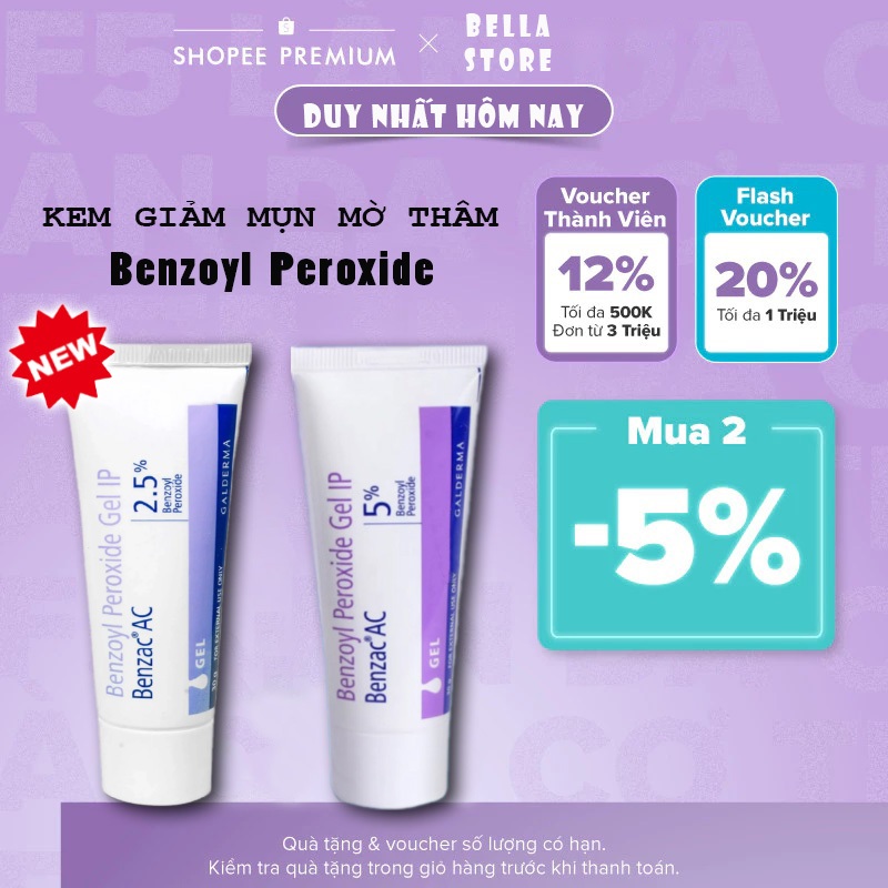 Giảm Mụn Viêm Benzac Ac Benzoyl Peroxide 2.5% - 5% Gel Giảm Mụn Trứng Cá 15gram - 30gram