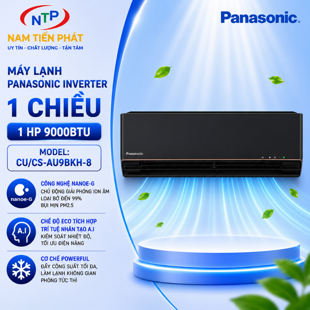 Máy lạnh Panasonic Inverter 1HP CU/CS-AU9BKH-8 (9000BTU) - Công nghệ nanoe-G, vận hành siêu êm.