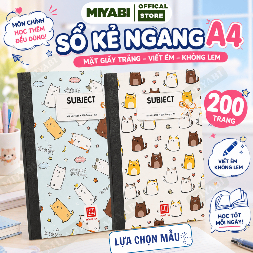 Vở kẻ ngang 200 trang A4 Hồng Hà, vở 200 trang bìa mèo cute giấy trắng sổ a4 viết êm không lem mực