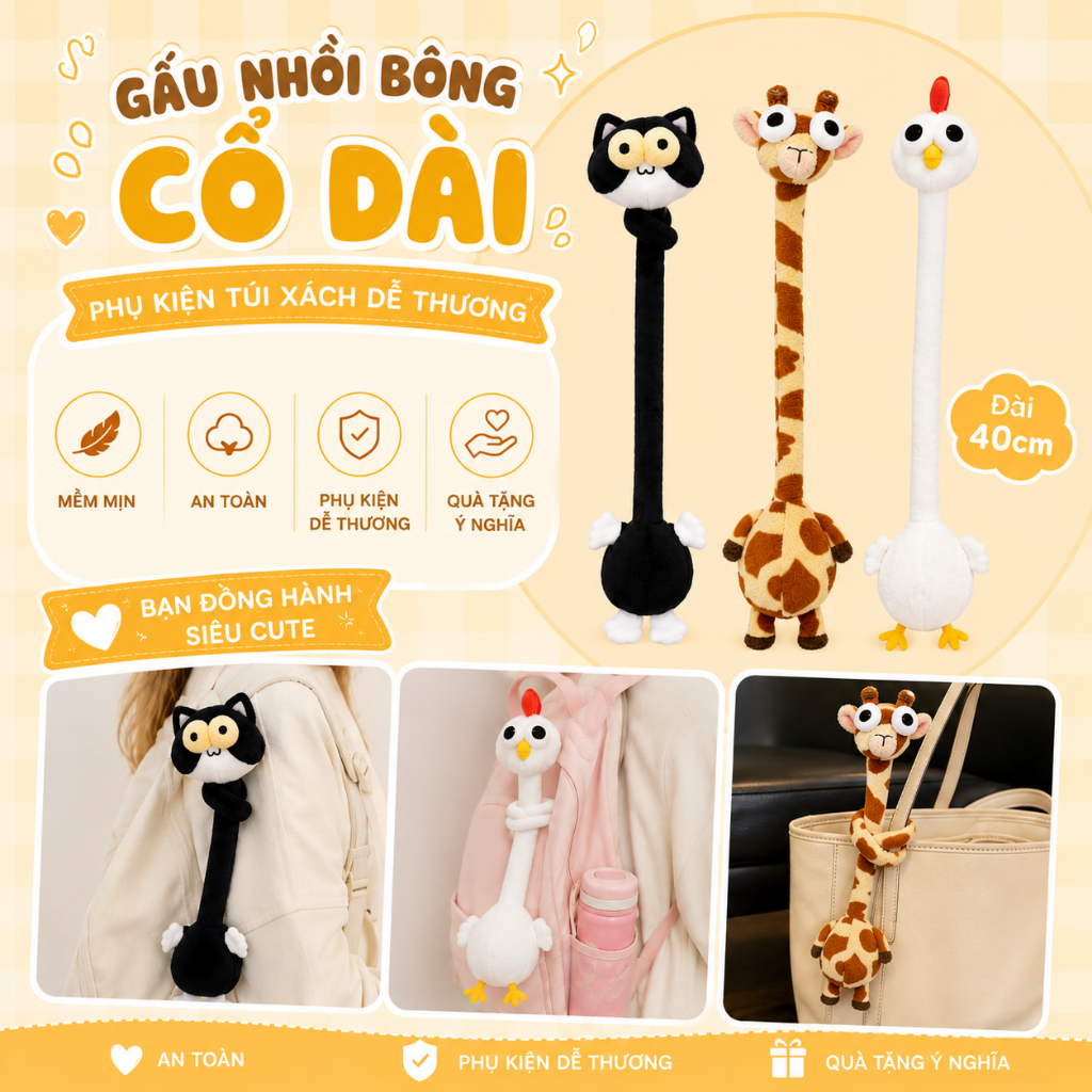 Thú bông cổ dài mắt lồi vô tri, gấu nhồi bông cổ uốn cong size 40cm, treo túi xách, balo hài hước