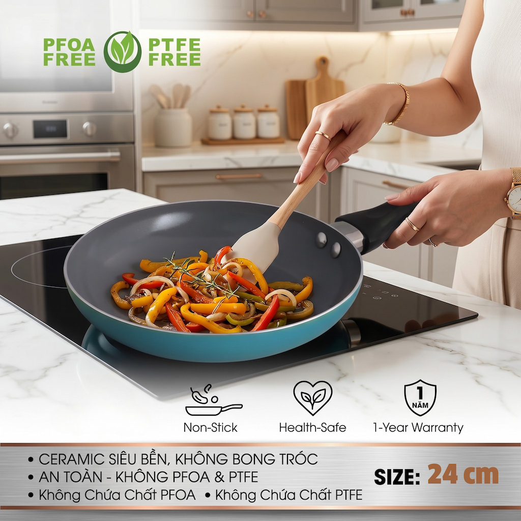 Chảo chống dính Ceramic 24 cm (CHẢO KHÔNG TỪ), Chảo Chống Dính Comet Cao Cấp Ceramic Nano Dễ Vệ Sinh