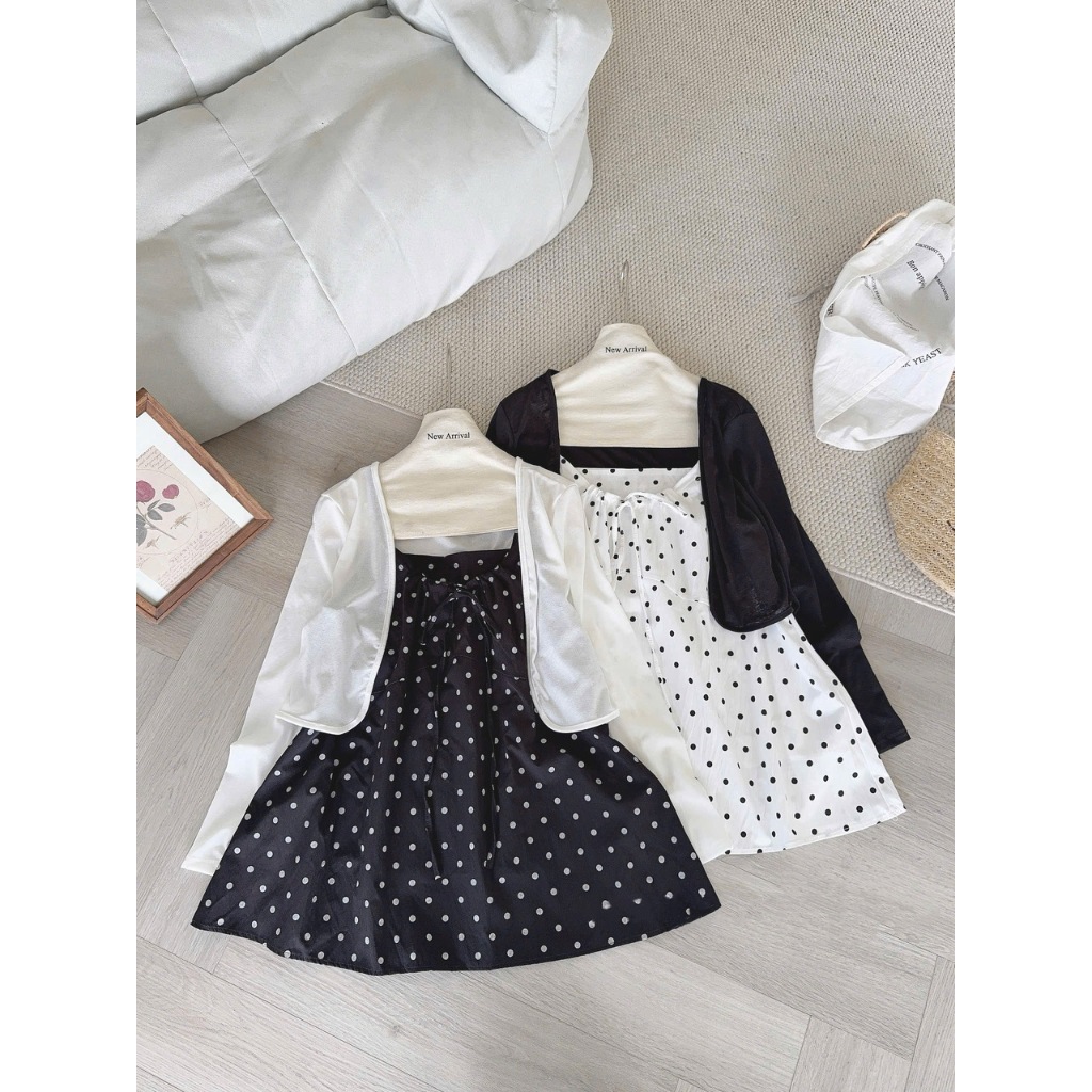 (MÃ 5964) SET ÁO 2 DÂY THÔ ĐŨI HỌA TIẾT CHẤM BI BUỘC NƠ NGỰC MIX ÁO CARDIGAN TRẮNG NGỌT NGÀO - DÀNH CHO NỮ | BigBuy360 - bigbuy360.vn