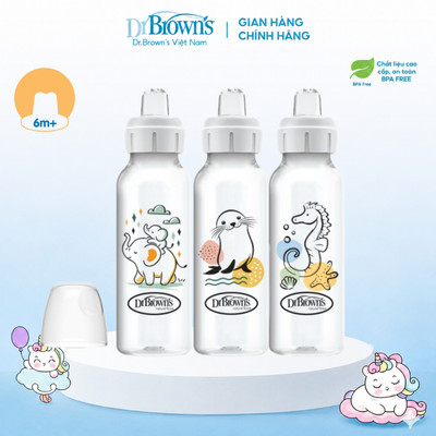 Bình tập uống Dr.Brown's  núm dẹt 250ml nhựa PP dành cho bé từ 6 tháng tuổi trở lên.