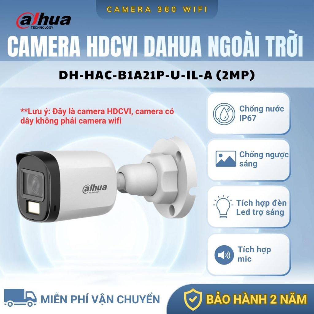 Camera HDCVI Dahua Có Dây DH-HAC-B1A21P-U-IL-A-VN 2MP / B1A51P 5MP, Tích Hợp Mic, Đèn Led Trợ Sáng 2