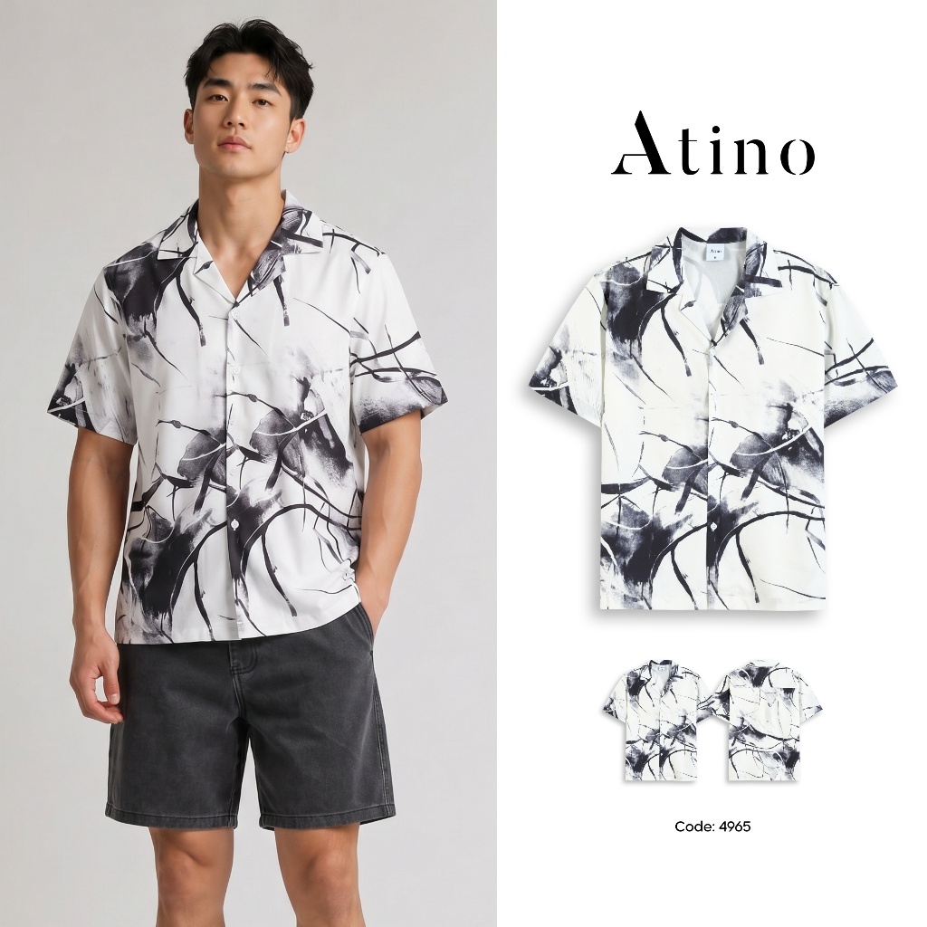 Áo Sơ Mi Ngắn Tay Họa Tiết ATINO Form Rộng 100% Polyester Thoáng Mát Đứng Form Phong Cách Cá Tính L.
