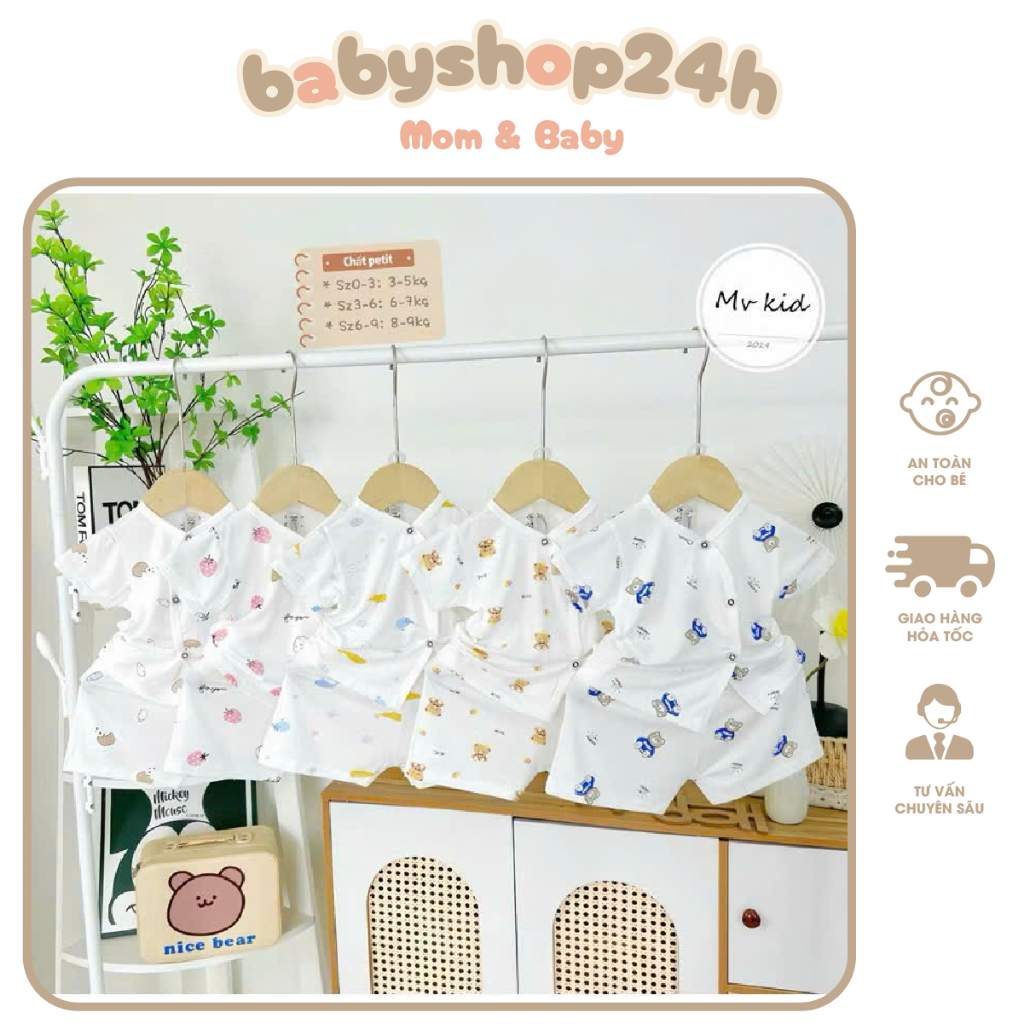 Bộ Sơ Sinh Cộc Tay Cài Lệch Thun Lạnh Lộc Kids Baby Cho Bé  ( Lộc Kids- MV kids)
