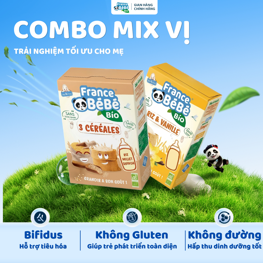 Combo mix 2 vị hộp bột ngũ cốc 200g/hộp ăn dặm hữu cơ hương Vani và hạt diêm France Bebe Bio cho trẻ