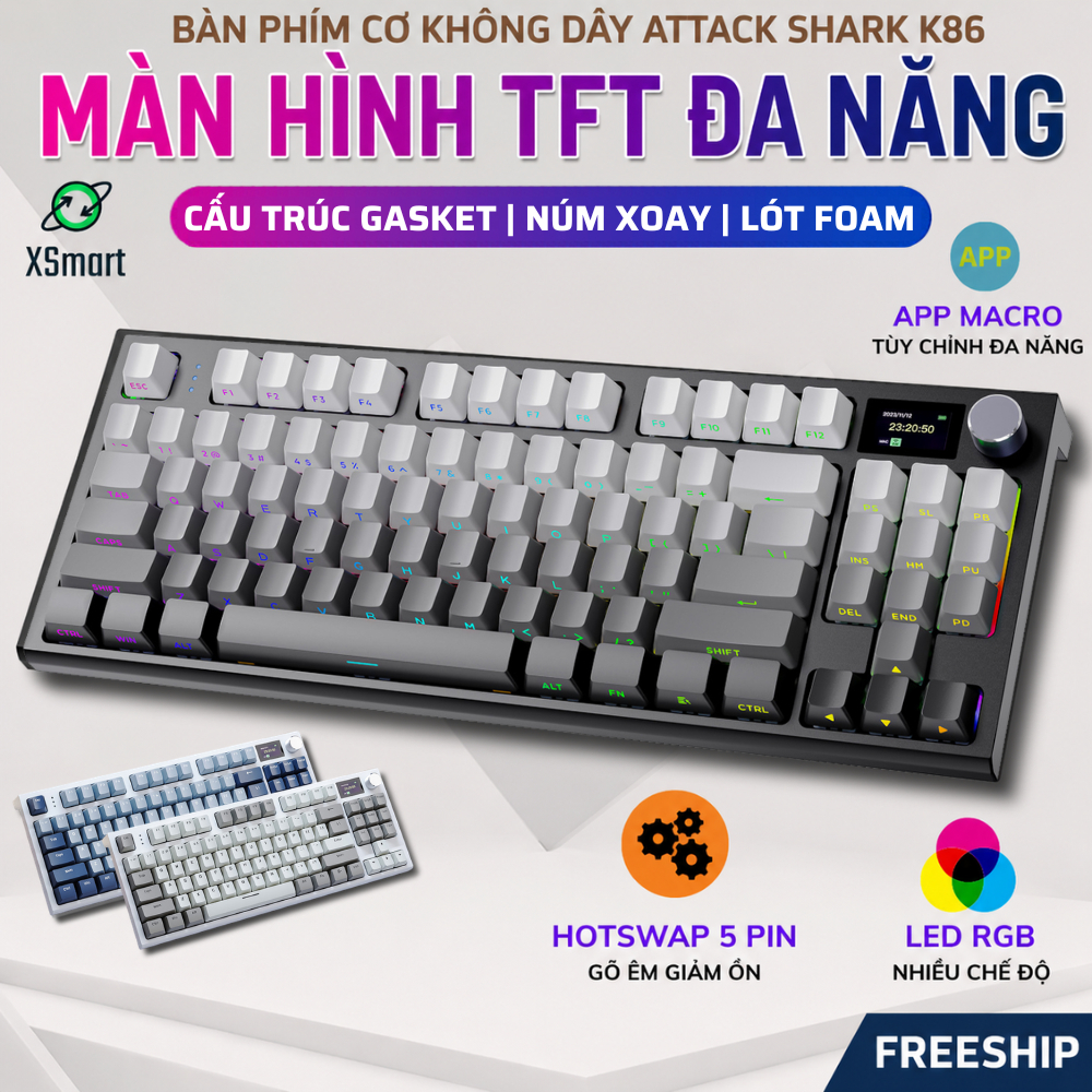 Bàn Phím Cơ Bluetooth Attack Shark K86 RGB PRO Có Màn Hình, App Tùy Chỉnh, Hotswap 5 Pin, Lót Foam