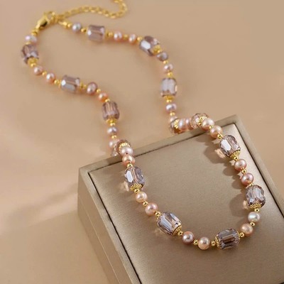 Vòng Cổ Ngọc Trai 6ly Hồng Phấn Mix Pha Lê Tím Thời Trang, Xinh Xắn - Ngọc Trai Trường Thịnh
