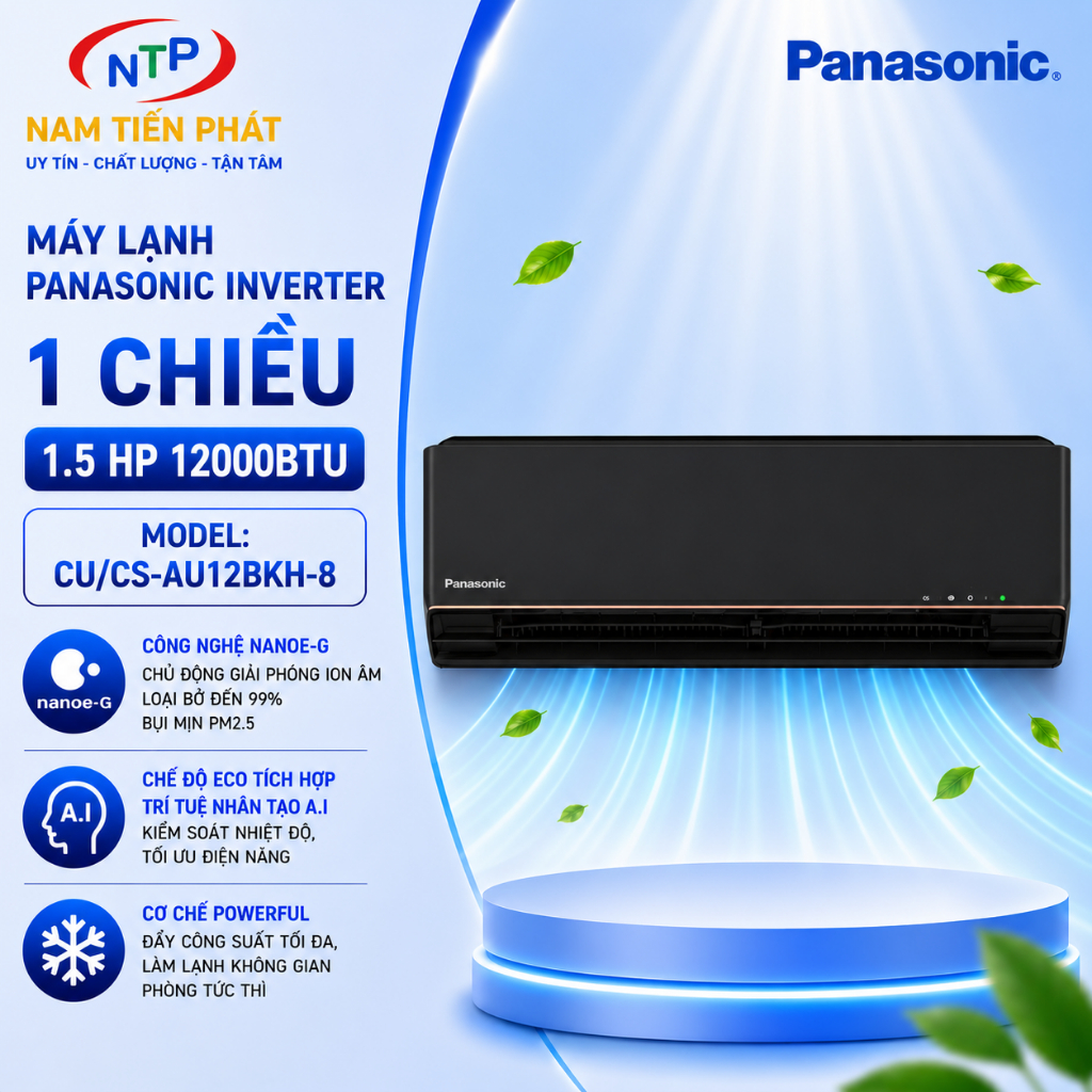 Máy lạnh Panasonic Inverter 1.5HP CU/CS-AU12BKH-8 (12000BTU) - Màu đen cao cấp, lọc khí nanoe X
