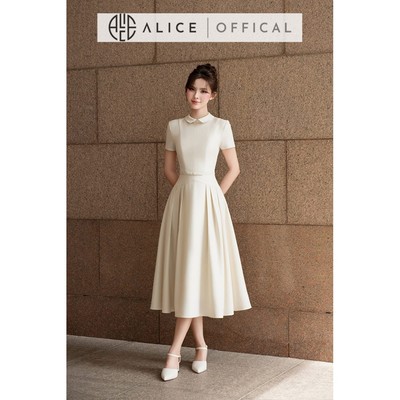 Váy Nữ Công Sở Thanh Lịch Alice Chất Xước Hàn Cao Cấp, Đầm Midi Cổ Sen Phối Xếp Ly, Thắt Đai Eo Dáng Xòe Nữ Tính V1471