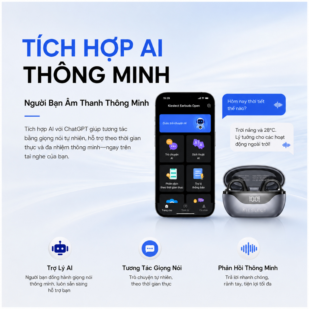 Tai Nghe Kẹp Tai Kieslect Earbuds Open AI| Chống ồn chủ động | Pin 36H | Hiển thị pin | Bluetooth 5.4 độ trễ thấp | BigBuy360 - bigbuy360.vn