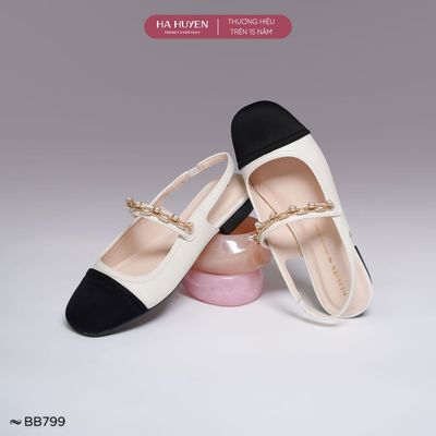 Giày búp bê nữ 2cm HÀ HUYỀN, Giày bệt 2 phân da lì mũi vải quai xích ngọc - BB799