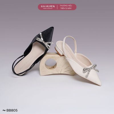 Giày búp bê nữ 2cm HÀ HUYỀN mũi nhọn đính nơ đá quai hậu đế cao 2cm - BB805