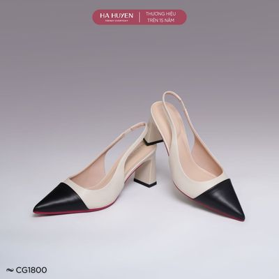 Giày cao gót, Slingback HÀ HUYỀN mũi nhọn 2 màu quai hậu gót dẹt 7cm - CG1800