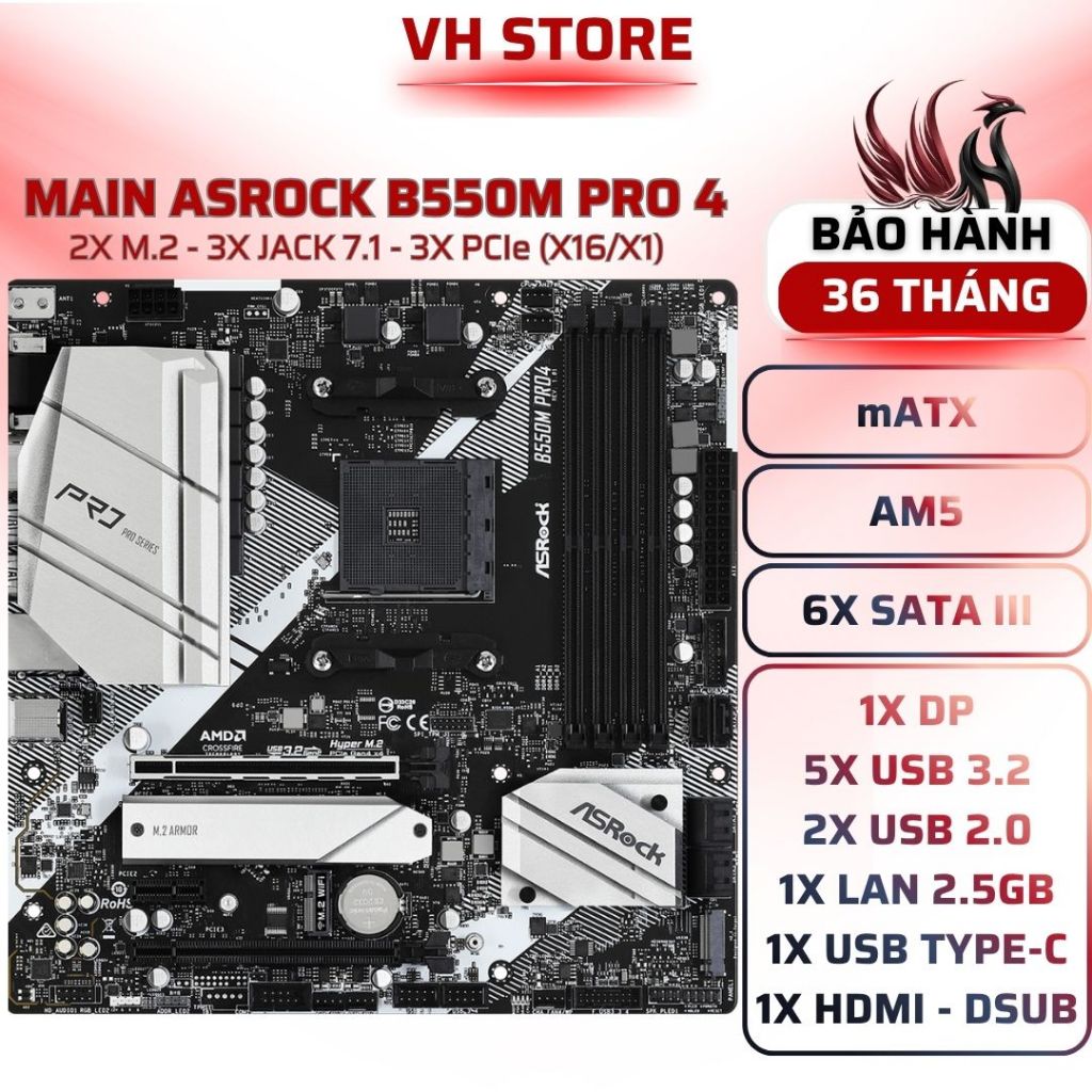 Mainboard ASRock B550M Pro4 AM4 DDR4 PCIe 4.0 M.2 Gaming - BẢO HÀNH 36 THÁNG - VHSTORE