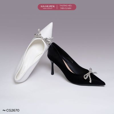 Giày cao gót 9cm nữ HÀ HUYỀN mũi nhọn đính nơ sang chảnh gót nhọn 9 phân - CG2670
