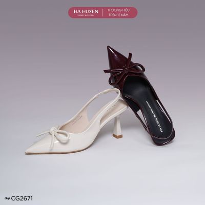 Giày cao gót 7cm nữ HÀ HUYỀN mũi nhọn đính nơ quai hậu gót nhọn 7 phân - CG2671