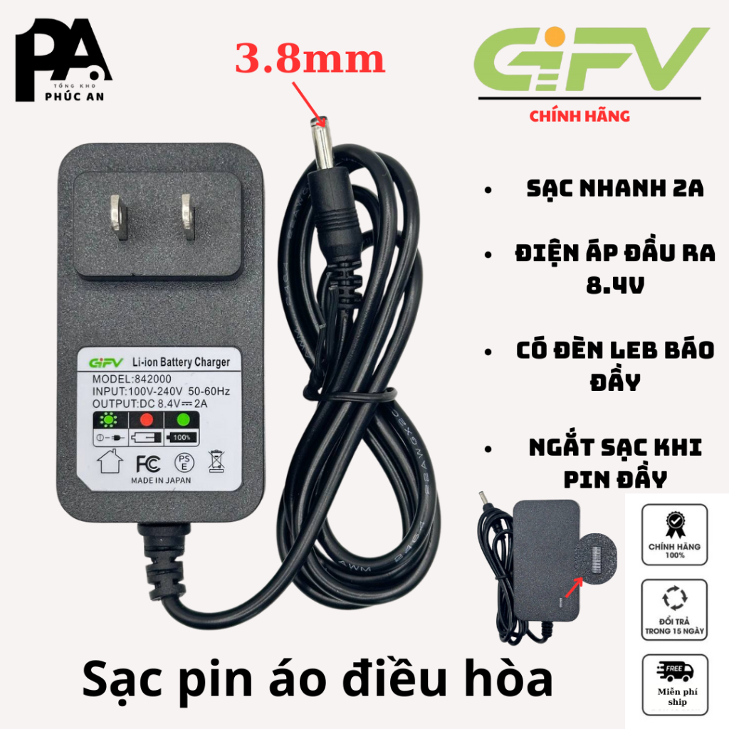 Phụ Kiện Pin Áo Điều Hòa GIFV ,Pin Sạc,Quạt,Dây Kết Nối,TƯƠNG THÍCH VỚI TẤT CẢ CÁC PIN CÓ ĐẦU DC 3.8mm