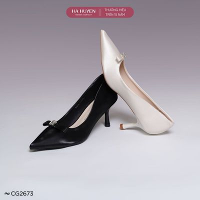 Giày cao gót 8cm nữ HÀ HUYỀN mũi nhọn đính nơ kín gót gót nhọn 8 phân - CG2673