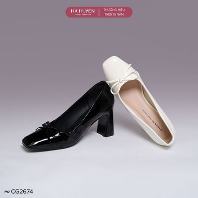 Giày cao gót công sở 8cm nữ HÀ HUYỀN mũi vuông đính nơ kín gót gót vuông 8 phân - CG2674