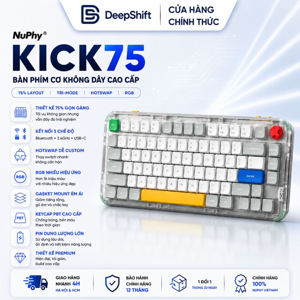 [CHÍNH HÃNG] Bàn phím cơ Nuphy Kick75 | Led RGB | Hotswap | 3 mode kết nối | Keycap PBT