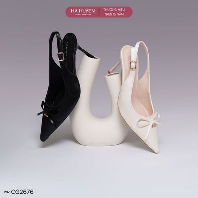 Giày cao gót 8cm nữ HÀ HUYỀN mũi nhọn đính nơ quai hậu khoá cài gót nhọn 8 phân - CG2676