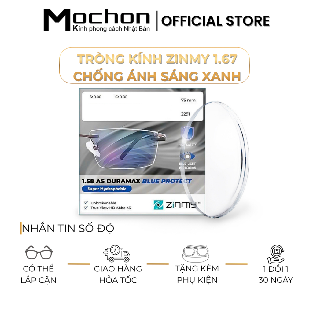 Tròng Kính Chống Ánh Sáng Xanh Chống Vỡ ZINMY DURAMAX BLUE PROTECT MOCHON Kính Giảm Chói Bảo Vệ Mắt