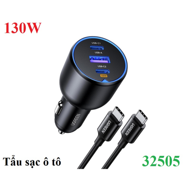 Sạc nhanh trên ô tô 3 cổng PD/QC 3.0 công suất 130W Ugreen 35025 cao cấp