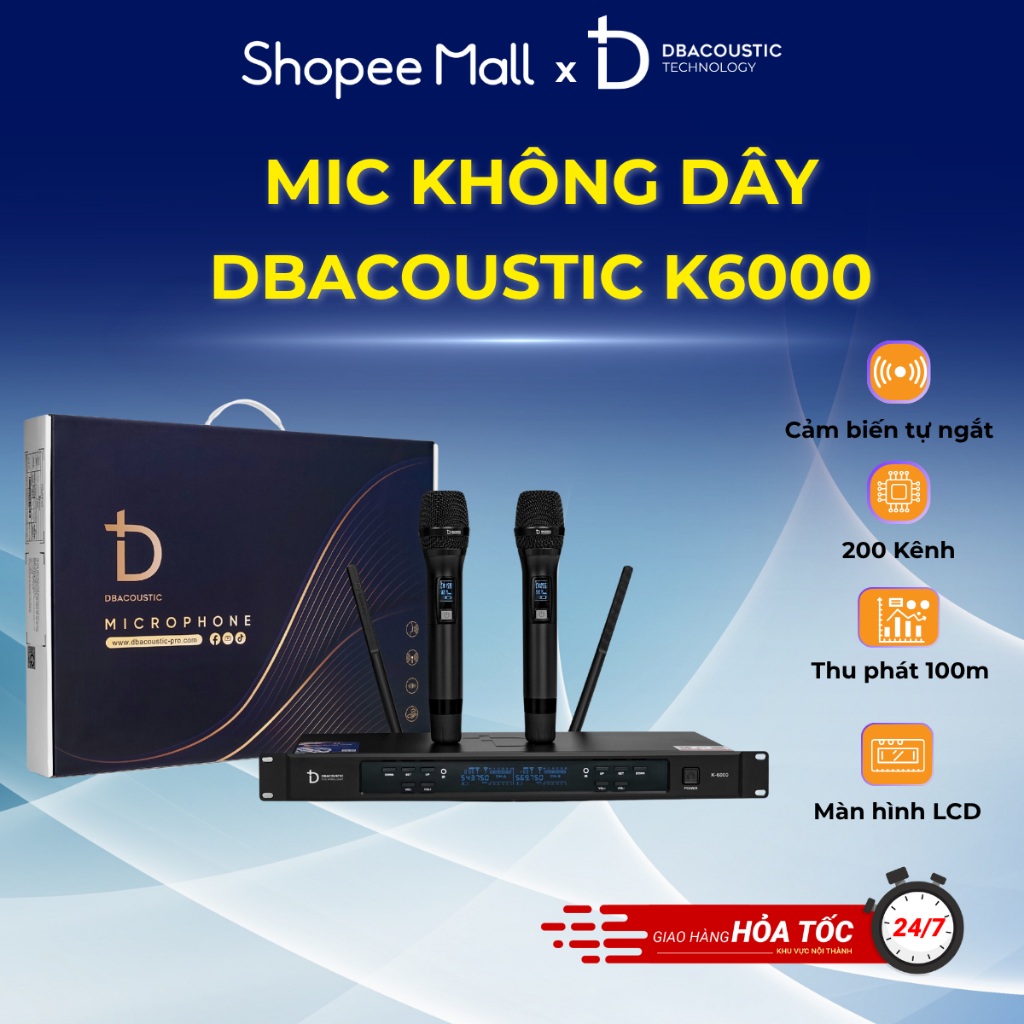 Mic không dây cao cấp DBACOUSTIC K6000 - Tiếng dày hát nhẹ - 200 kênh - Hàng chính hãng - BH12T