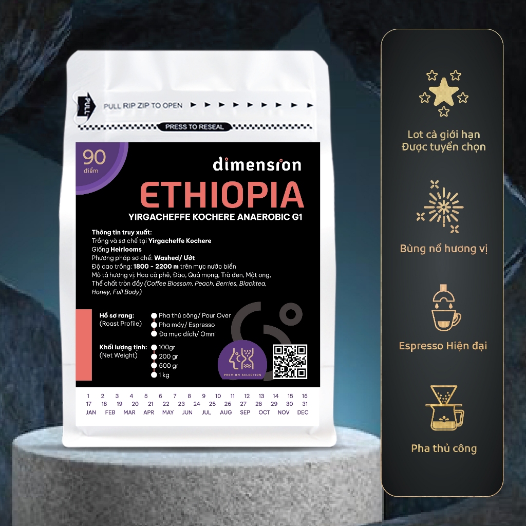 Cà phê Ethiopia Kochere G1 Anaerobic Washed Dimension Coffee hương hoa nhài, cam quýt