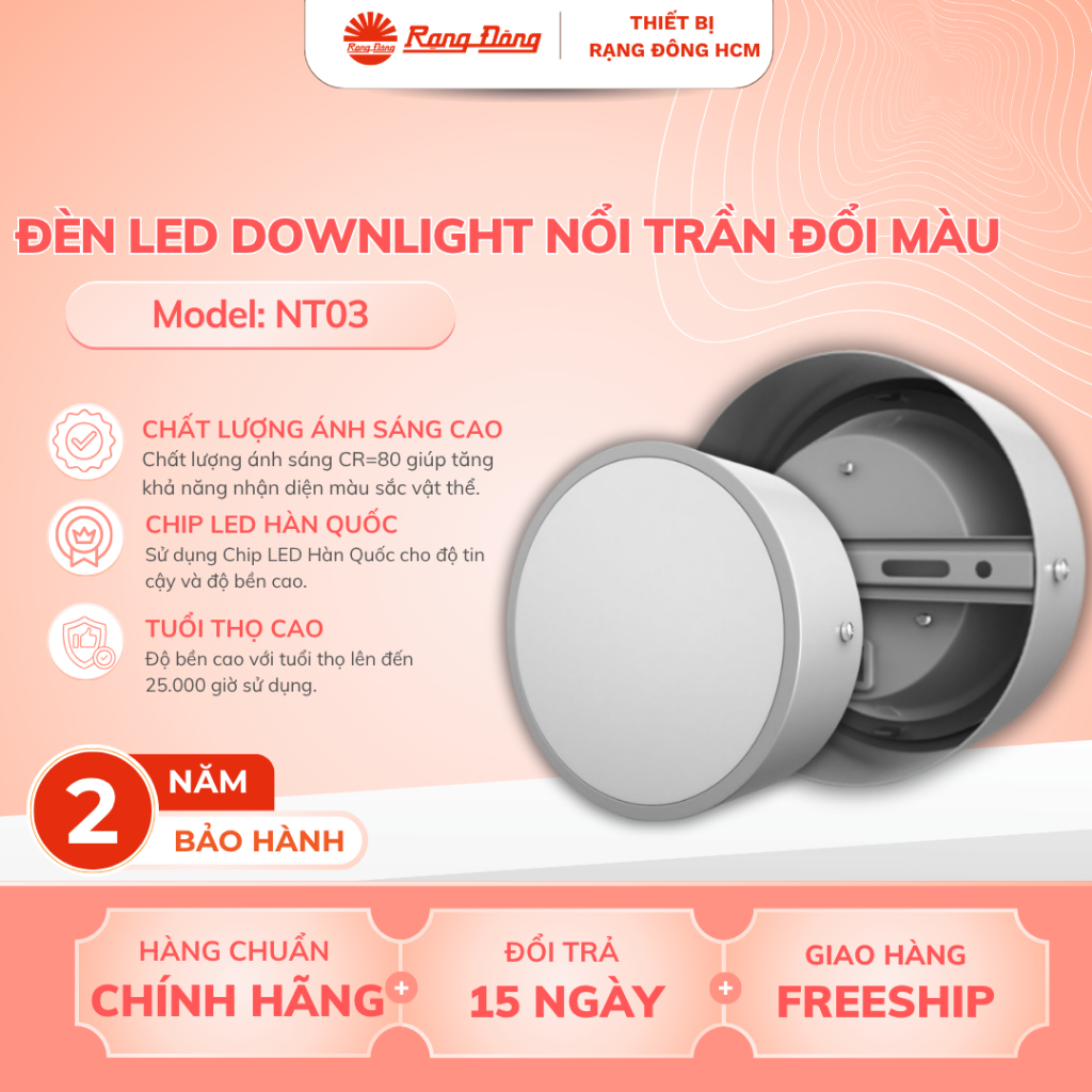 Đèn LED Downlight Nổi Trần Đổi Màu Rạng Đông - Thiết Kế Hiện Đại 3 Màu Ánh Sáng Tiện Lợi (Model: NT0
