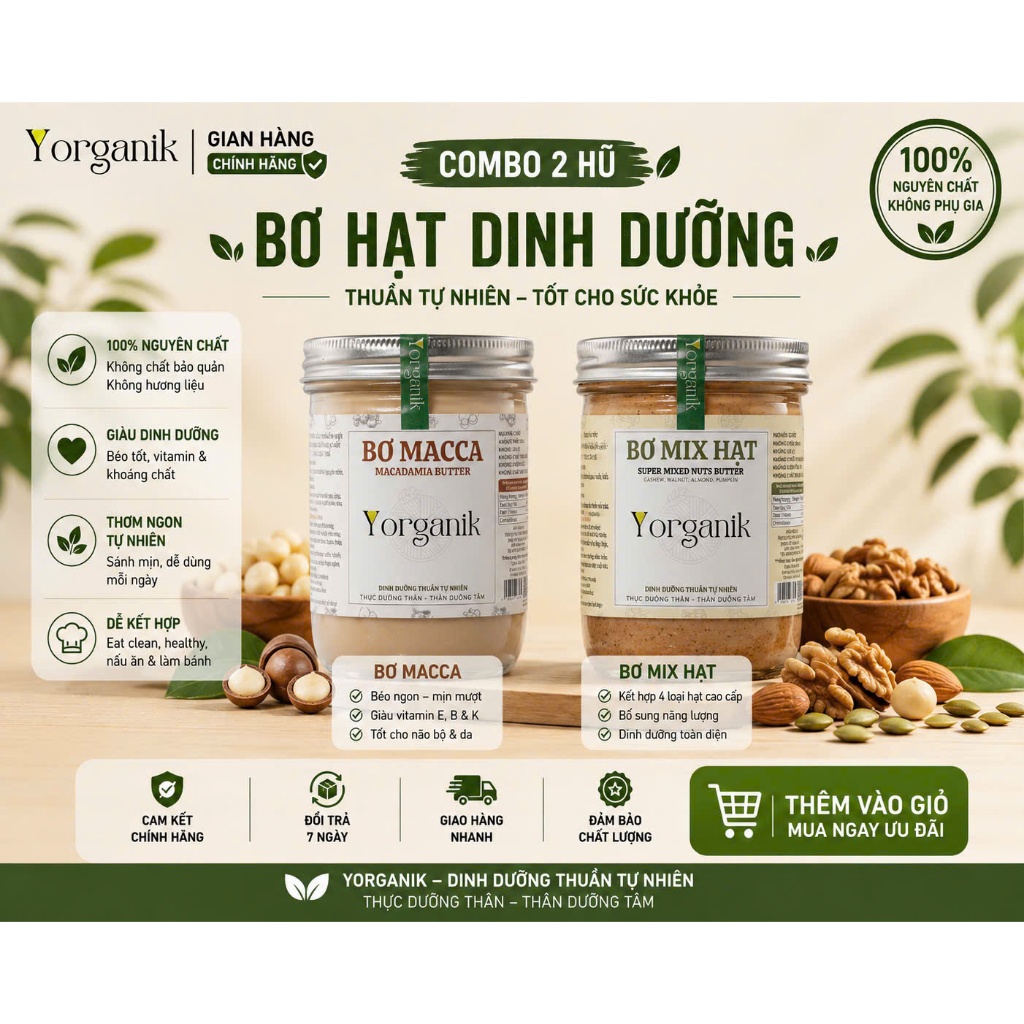 Combo 2 Hũ Bơ Hạt Yorganik – Bơ Macca, Bơ Hạnh Nhân Nguyên Chất Không Đường Yorganik 200g/450g