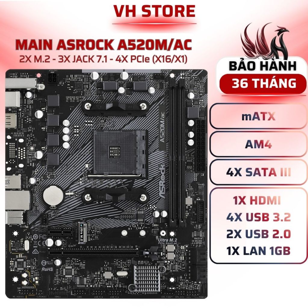 Main ASRock A520M/ac AM4 DDR4 WiFi - BẢO HÀNH 36 THÁNG - VHSTORE