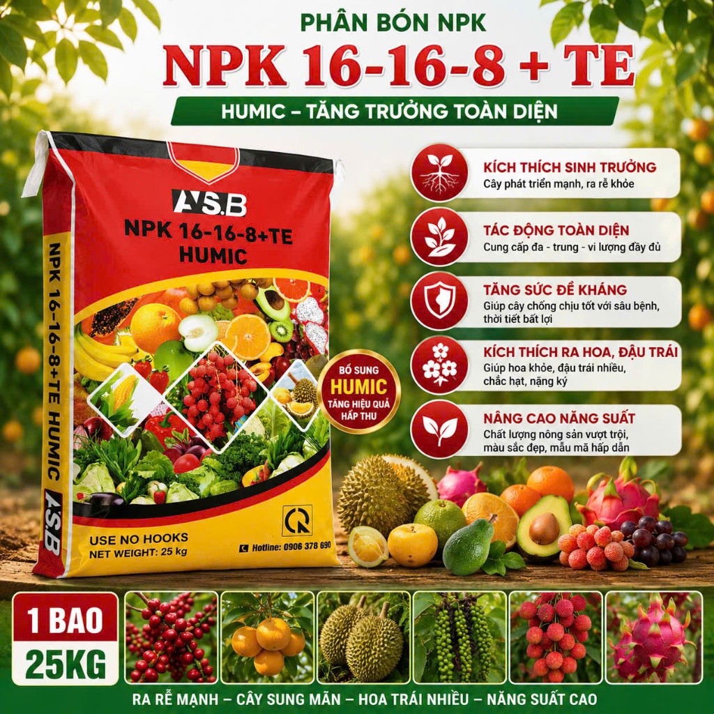 NPK 16-16-8 + TE Bao 25Kg – Kích Bung Chồi, Mập Đọt, Xanh Cây Bóng Lá, Kích Rễ Mạnh