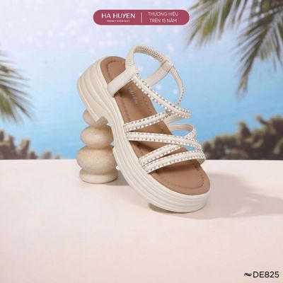 Dép 5cm nữ HÀ HUYỀN, Dép sandal 5 phân quai da viền đá độn đế - DE825