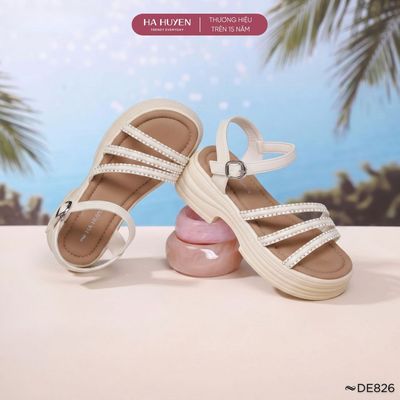 Dép 5cm nữ HÀ HUYỀN, Dép sandal đi biển quai da đính đá quai hậu độn đế 5 phân - DE826