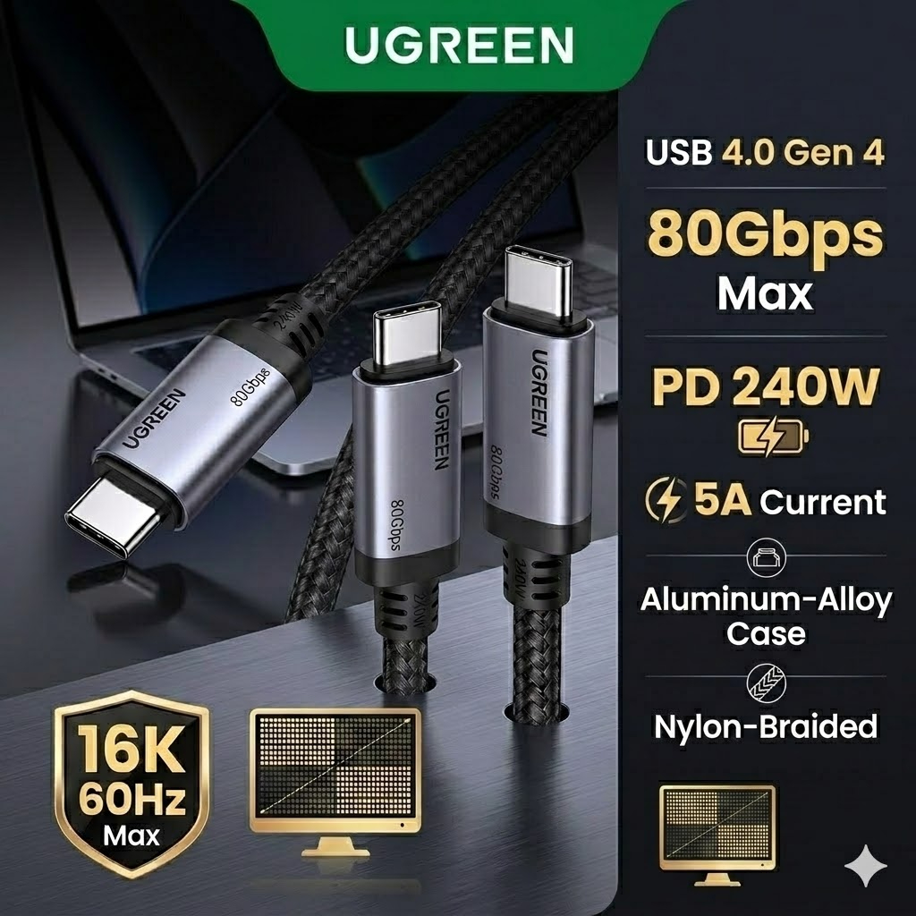 Dây Type-C Gen4 16K@60Hz PD 240W 80Gbps Max 5A Usb C to C Gen3 8K60Hz 1m Ugreen Macbook, iPad, Lapto