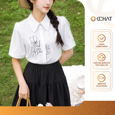Áo Sơ Mi Nữ 𝐂𝐂𝐇𝐀𝐓 Dáng Suông In Kiểu Thêu Hoa Trang Trí Chất Liệu Thô Bamboo Cao Cấp 16FNT6109ST