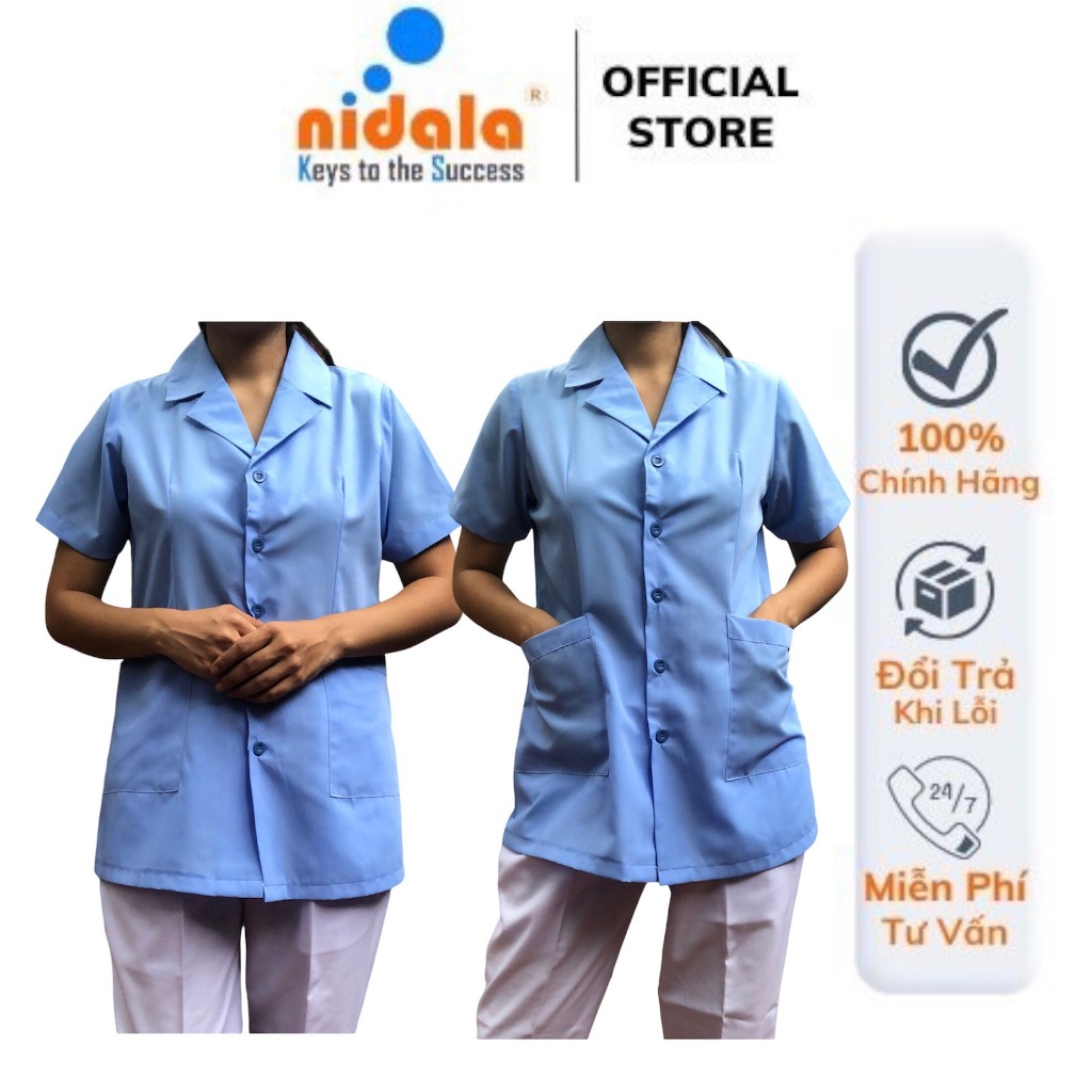 Áo điều dưỡng, tạp vụ xanh dương tay ngắn, chất liệu kate silk, đường may đẹp Nidala